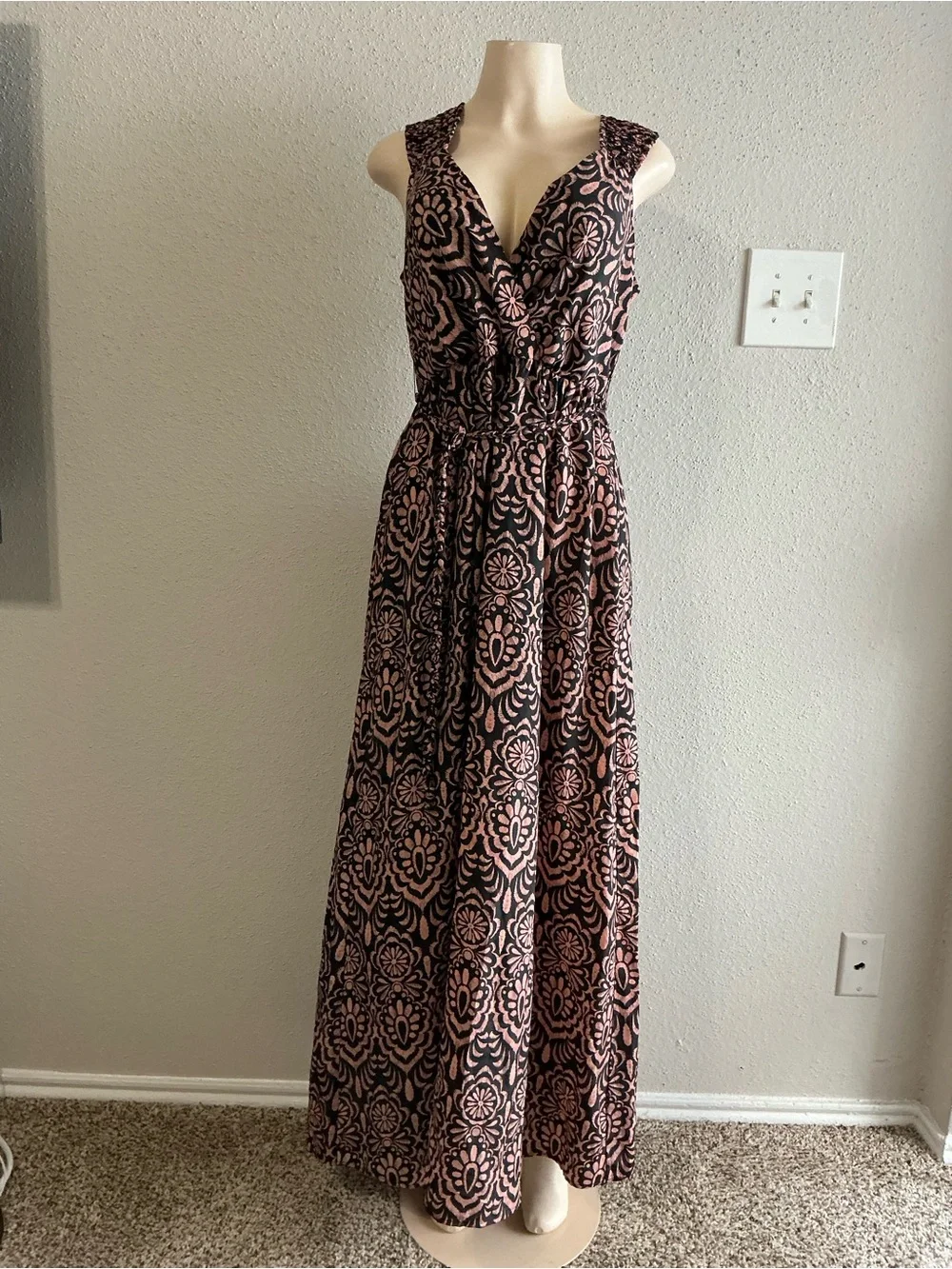 attention Pink and Black Printed V-Neck Maxi Dress